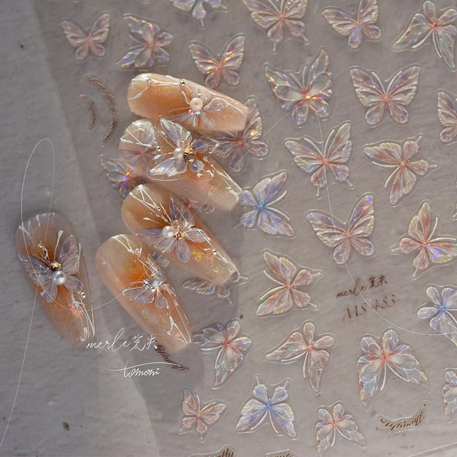 GZMAYUEN 7Pcs Pegatinas de Uñas de Mariposa Aurora Multicolor para Uñas, Pegatinas 5D de Mariposa para Uñas